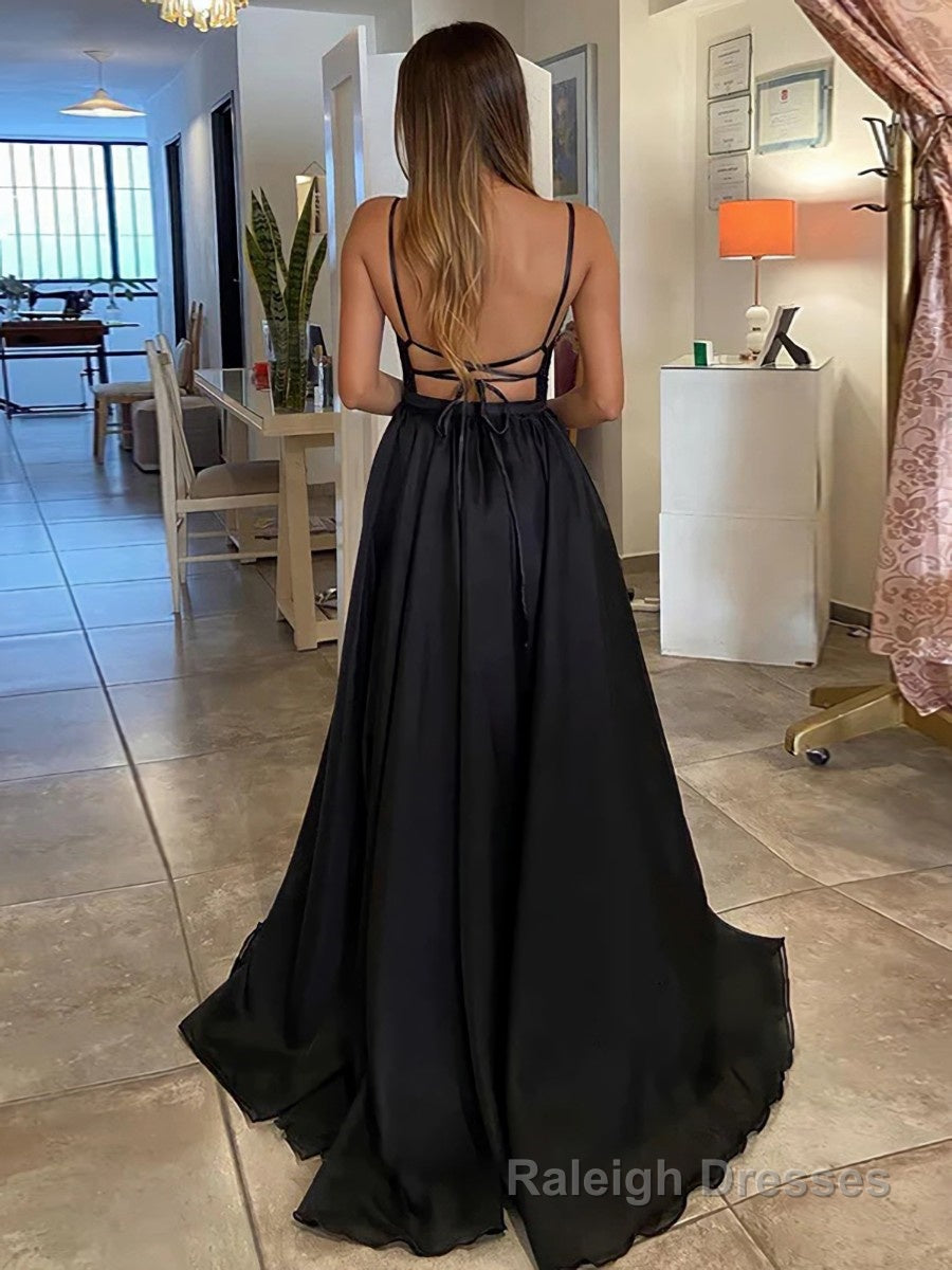 A-Line/Princess V-neck Sweep Train Sequins Prom Dresses With Leg Slit Secondary image