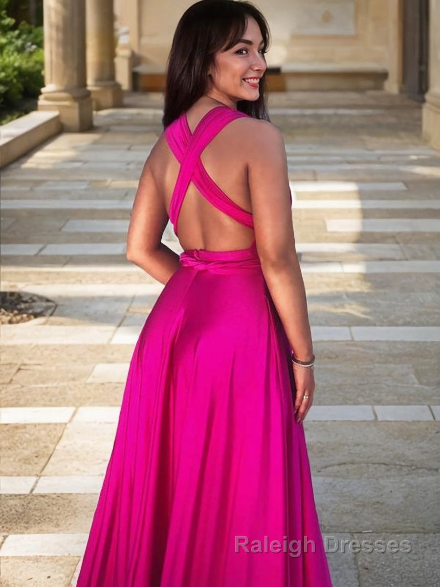 A-Line/Princess V-neck Sweep Train Silk like Satin Prom Dresses With Leg Slit Secondary image