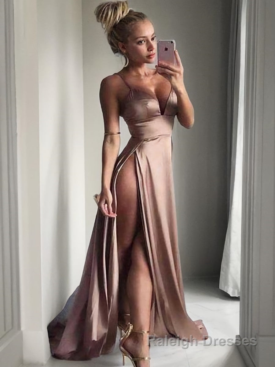 A-Line/Princess V-neck Sweep Train Silk like Satin Prom Dresses With Leg Slit Main image