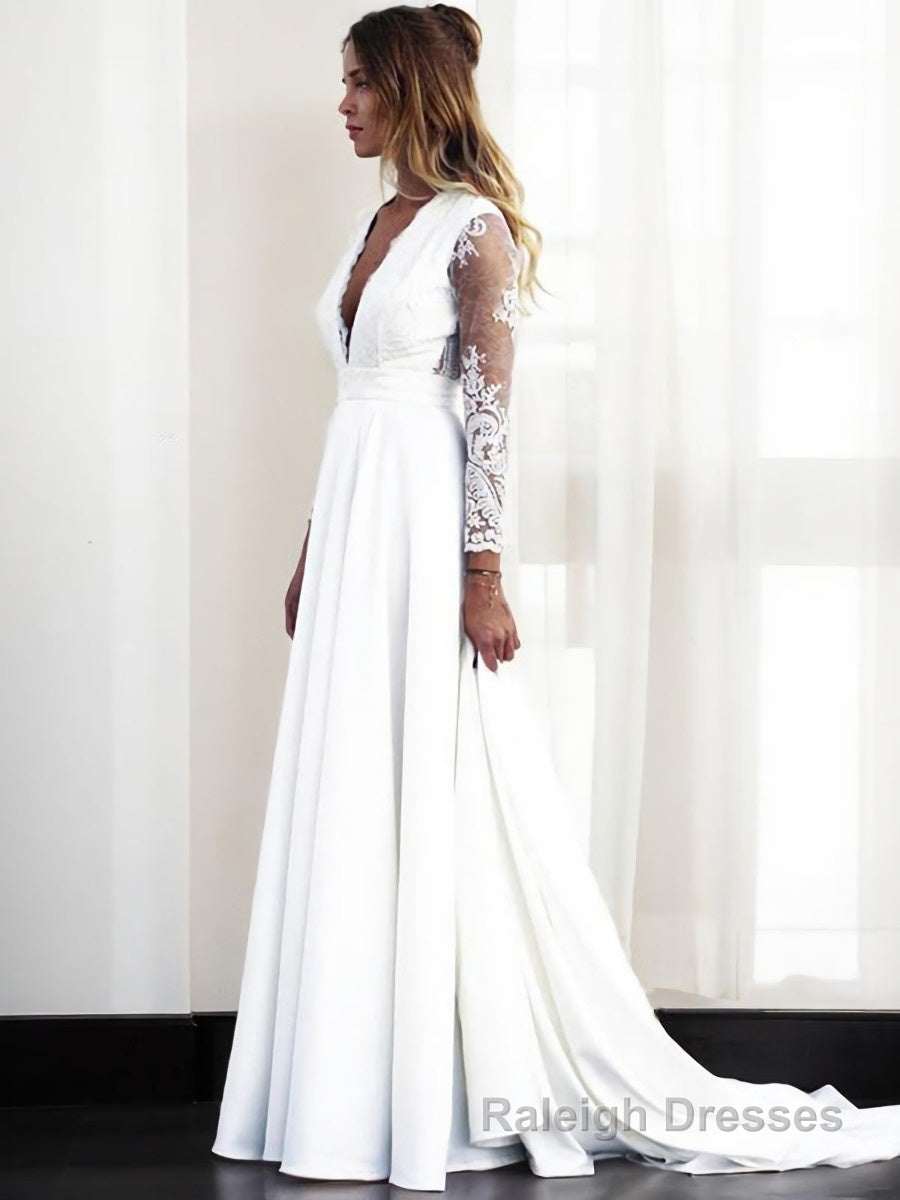 A Line V Neck Sweep Train Stretch Crepe Wedding Dresses