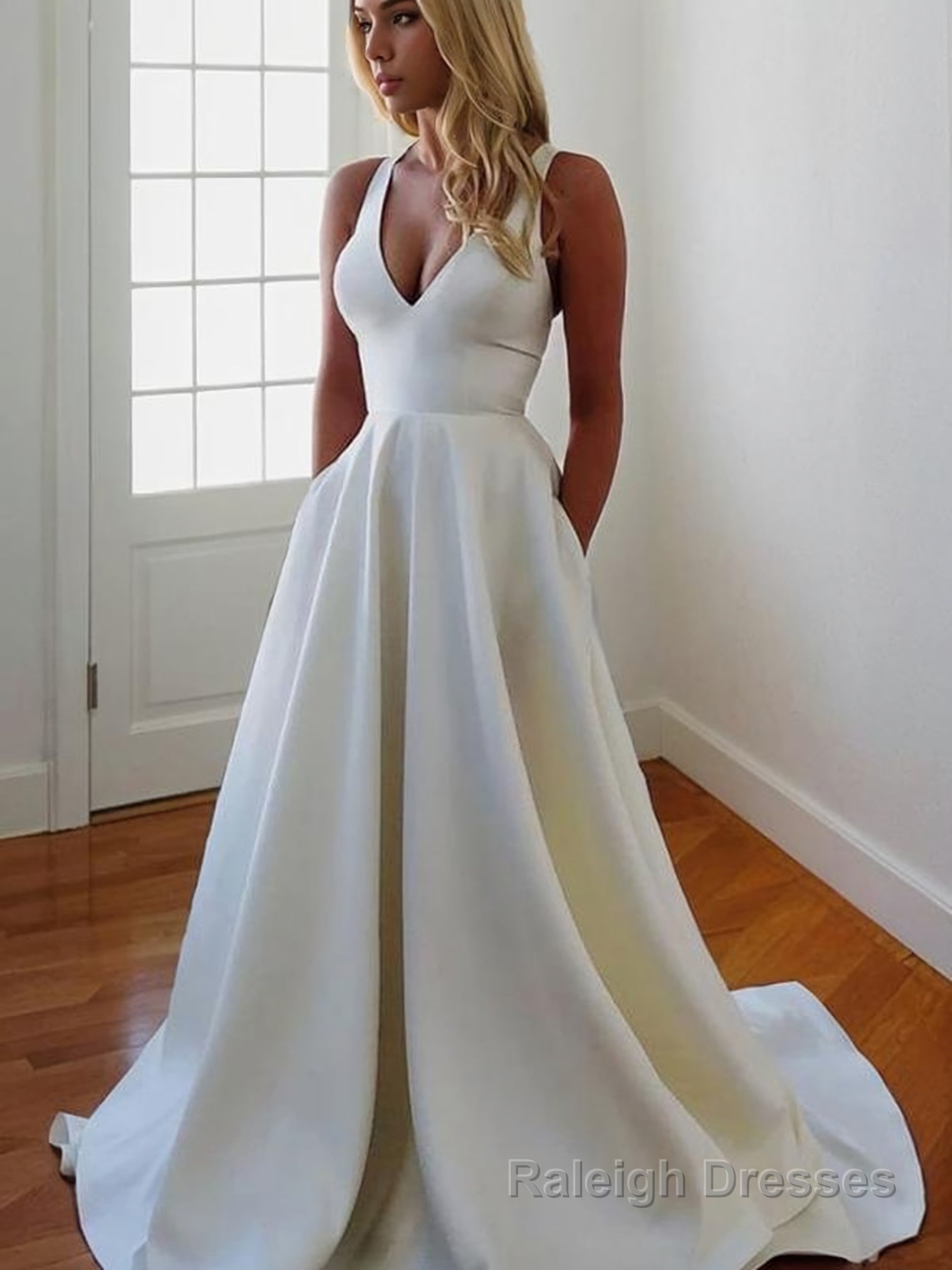 A Line V Neck Sweep Train Stretch Crepe Wedding Dresses Main image