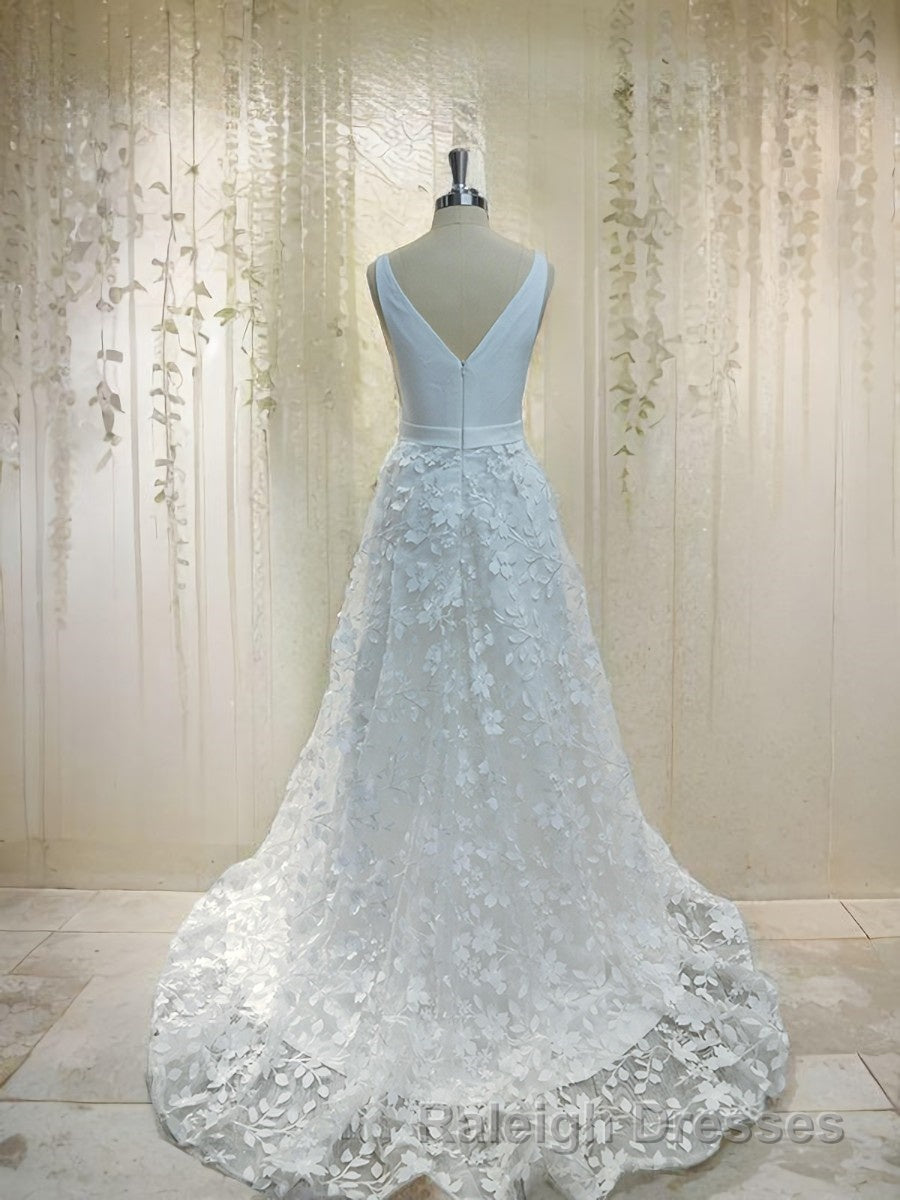 A Line V Neck Sweep Train Stretch Crepe Wedding Dress With Leg Slit Secondary image