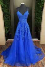 A Line V Neck Sweep Train Tulle Prom Dress With Appliques Lace