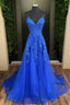 A Line V Neck Sweep Train Tulle Prom Dress With Appliques Lace
