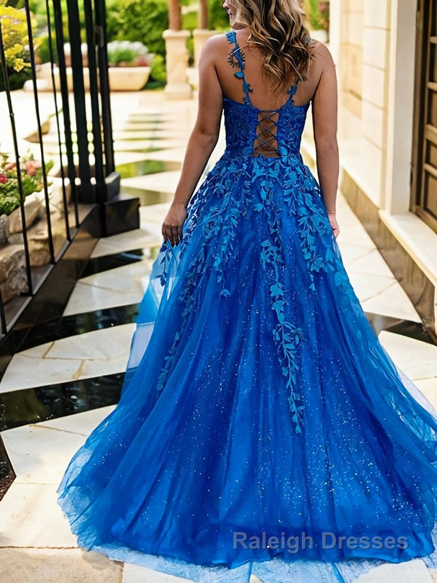 A-Line/Princess V-neck Sweep Train Tulle Prom Dresses With Appliques Lace Secondary image