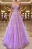 A Line V Neck Sweep Train Tulle Prom Dress With Appliques Lace