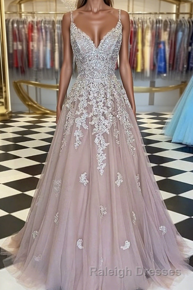 A Line V Neck Sweep Train Tulle Prom Dress With Appliques Lace