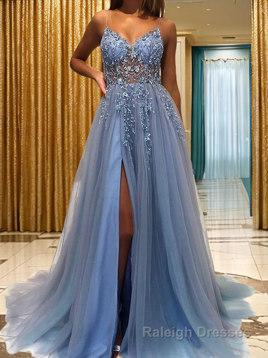 A Line V Neck Sweep Train Tulle Prom Dresses With Leg Slit