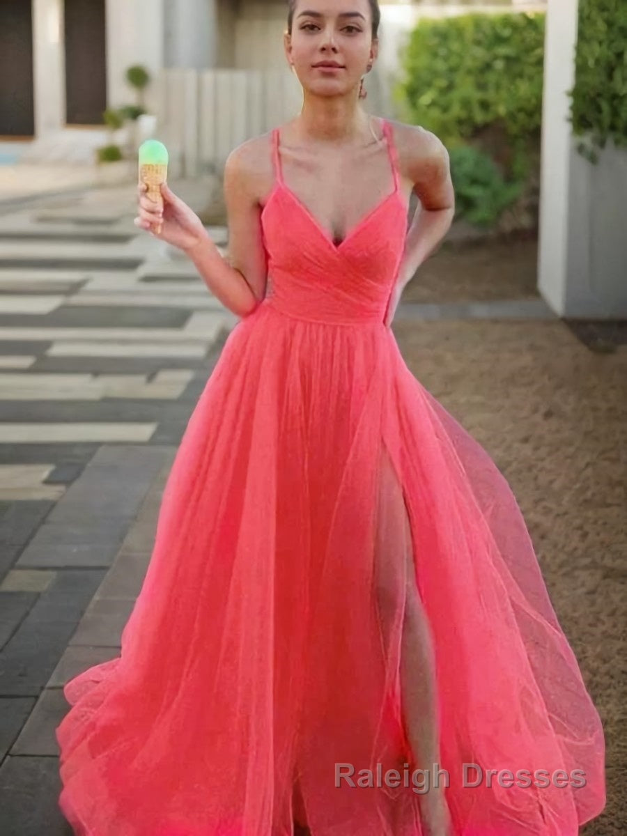 A-Line/Princess V-neck Sweep Train Tulle Prom Dresses With Leg Slit Main image