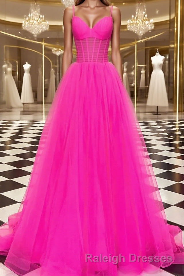 A-Line/Princess V-neck Sweep Train Tulle Prom Dresses With Ruffles