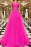 A-Line/Princess V-neck Sweep Train Tulle Prom Dresses With Ruffles