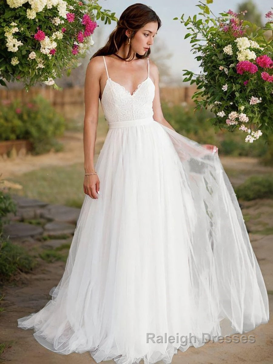 A Line V Neck Sweep Train Tulle Wedding Dresses