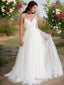 A Line V Neck Sweep Train Tulle Wedding Dresses