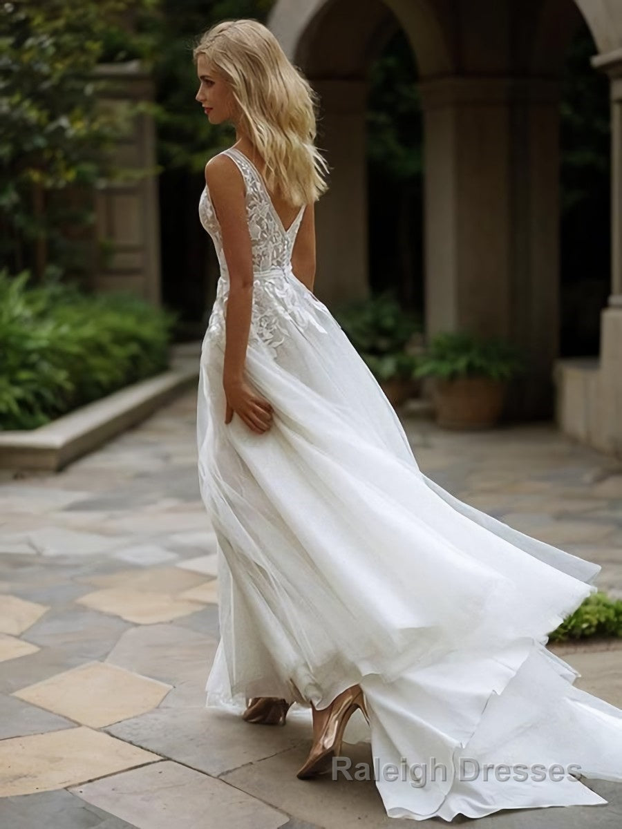 A Line V Neck Sweep Train Tulle Wedding Dresses