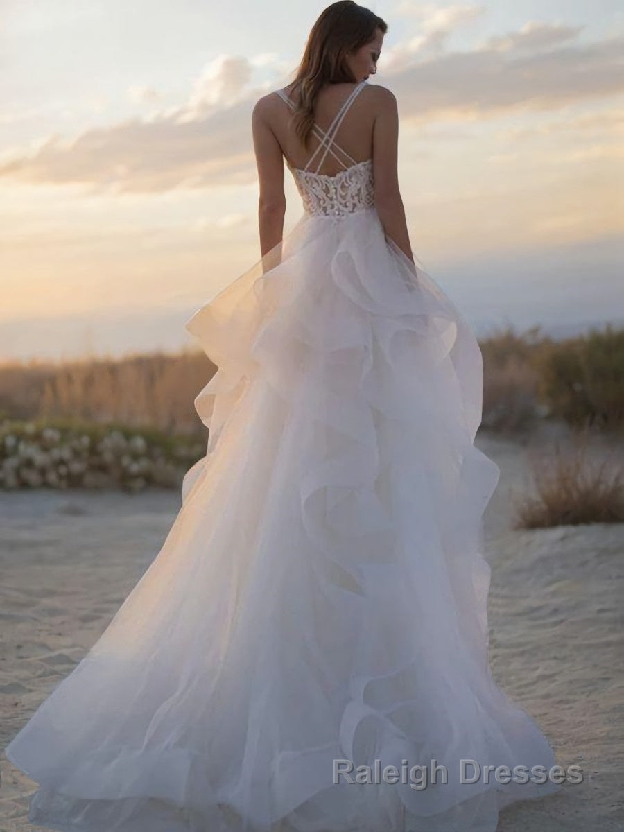 A Line V Neck Sweep Train Tulle Wedding Dresses