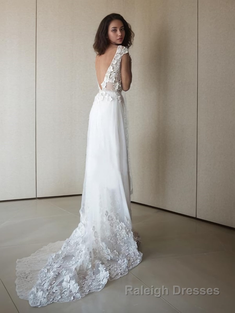 A Line V Neck Sweep Train Tulle Wedding Dresses With Appliques Lace