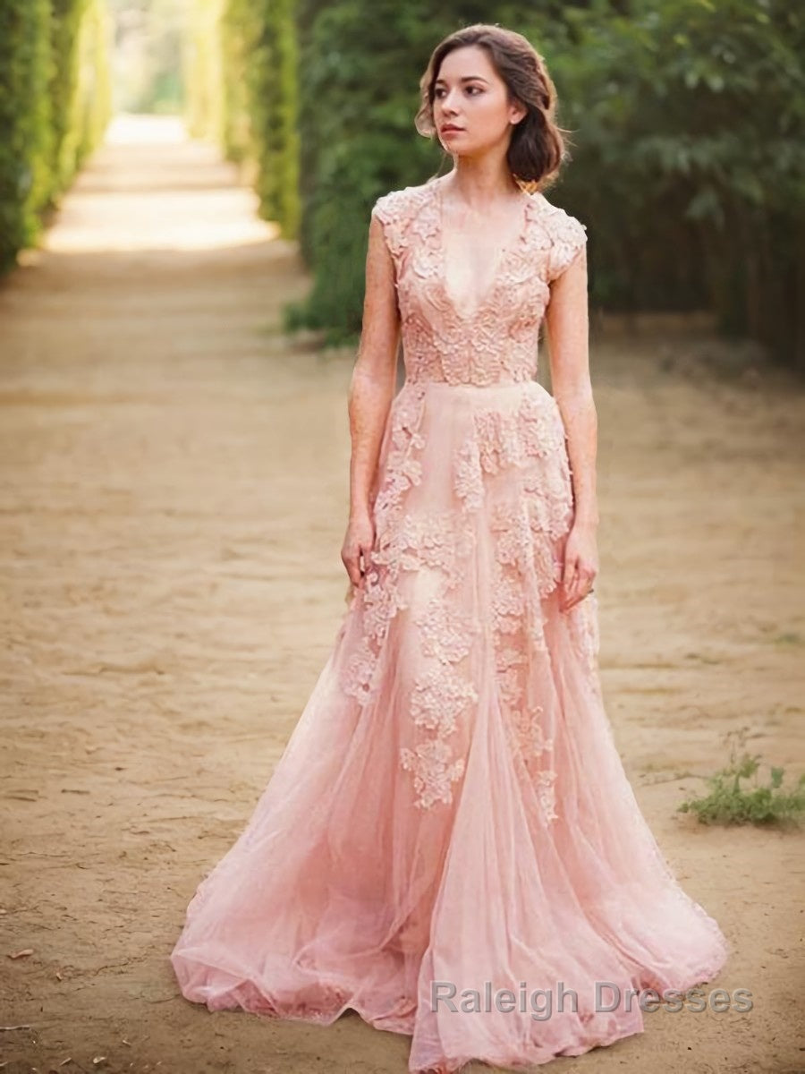 A Line V Neck Sweep Train Tulle Wedding Dresses With Appliques Lace Main image