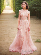 A Line V Neck Sweep Train Tulle Wedding Dresses With Appliques Lace