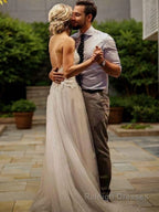 A Line V Neck Sweep Train Tulle Wedding Dresses With Appliques Lace