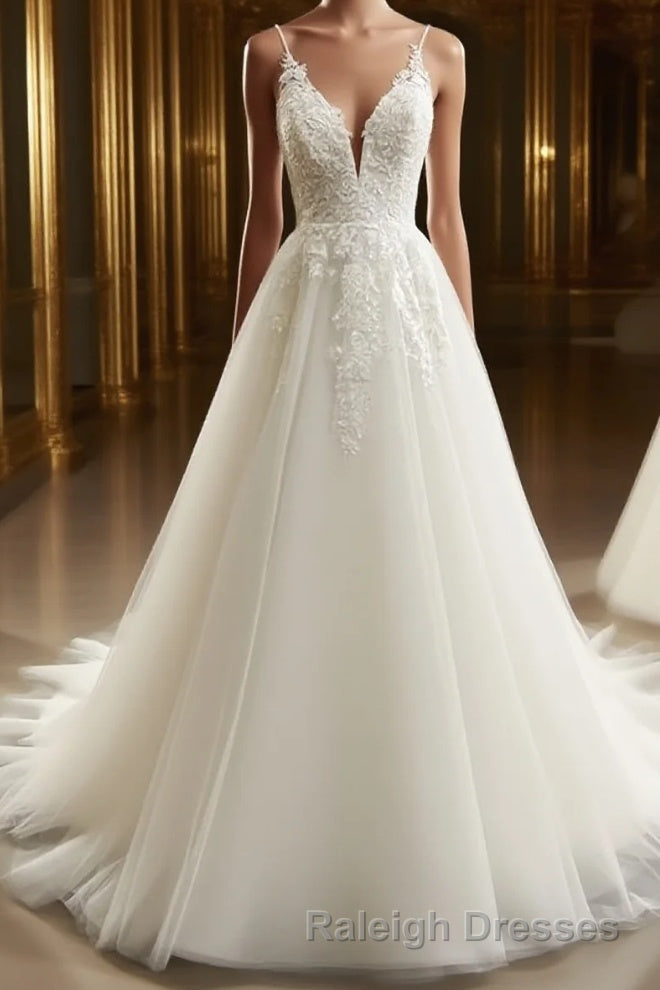 A Line V Neck Sweep Train Tulle Wedding Dress With Appliques Lace