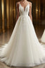 A Line V Neck Sweep Train Tulle Wedding Dress With Appliques Lace