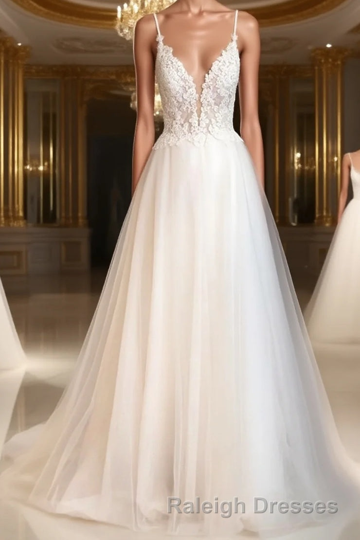 A Line V Neck Sweep Train Tulle Wedding Dress With Appliques Lace Main image