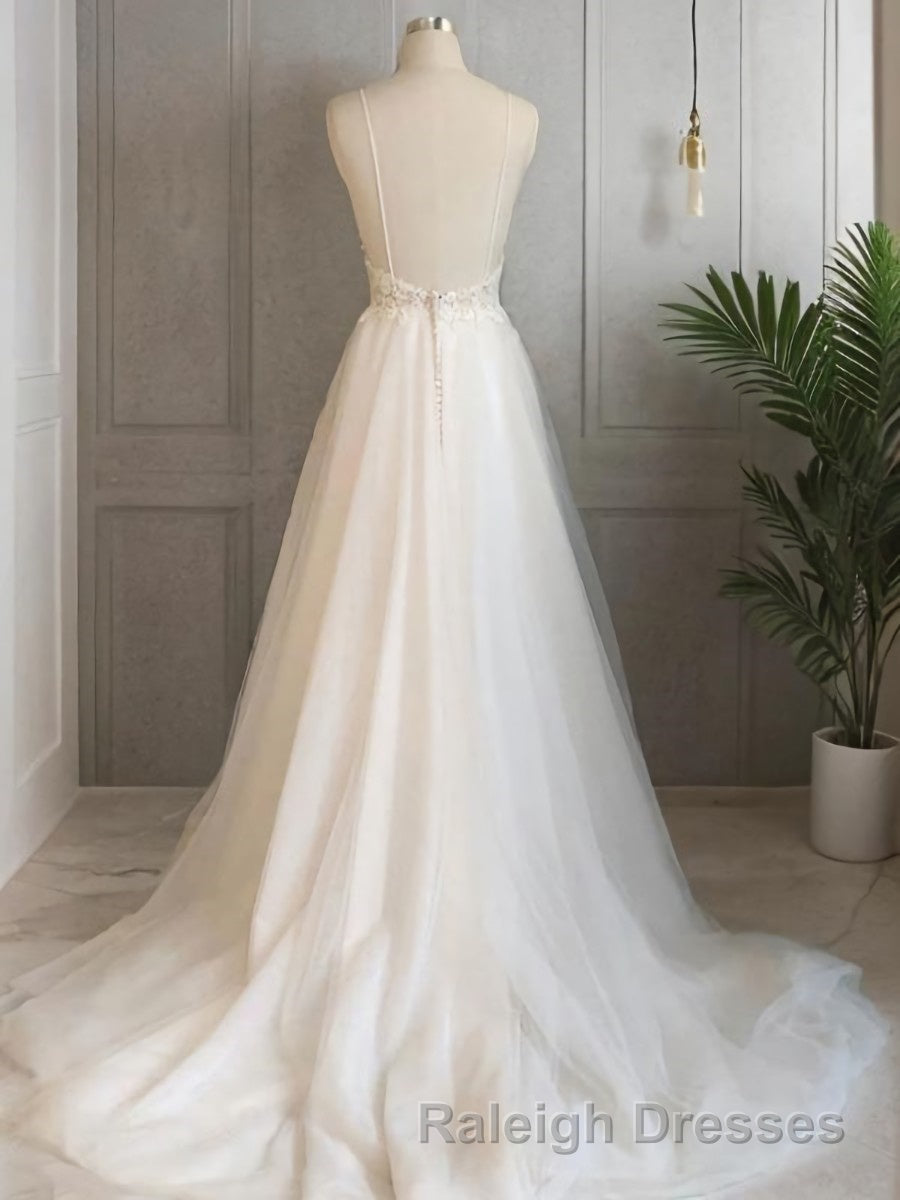 A-Line/Princess V-neck Sweep Train Tulle Wedding Dresses With Appliques Lace Secondary image