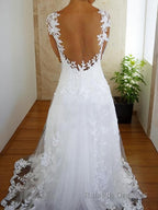 A Line V Neck Sweep Train Tulle Wedding Dresses With Appliques Lace
