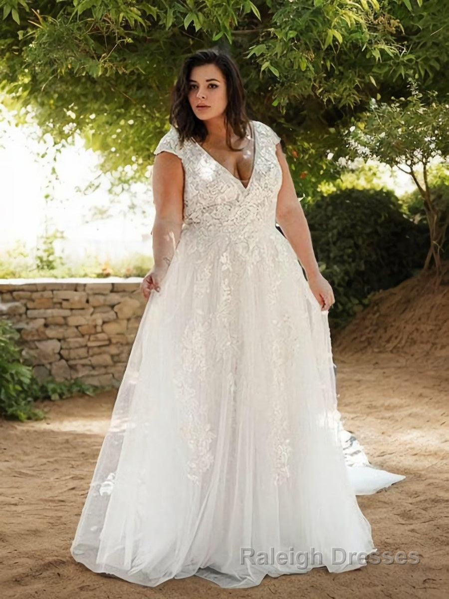 A-Line/Princess V-neck Sweep Train Tulle Wedding Dresses With Appliques Lace Main image