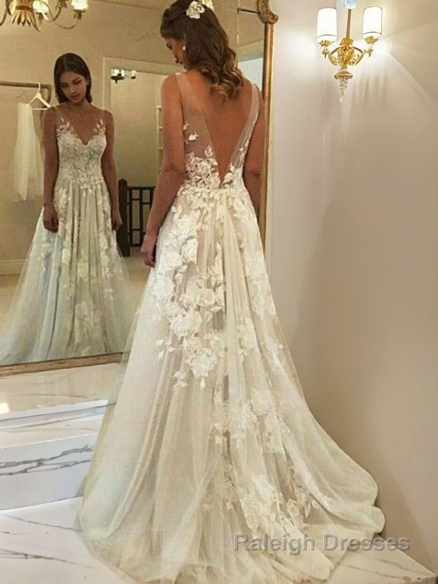 A Line V Neck Sweep Train Tulle Wedding Dresses With Appliques Lace Main image