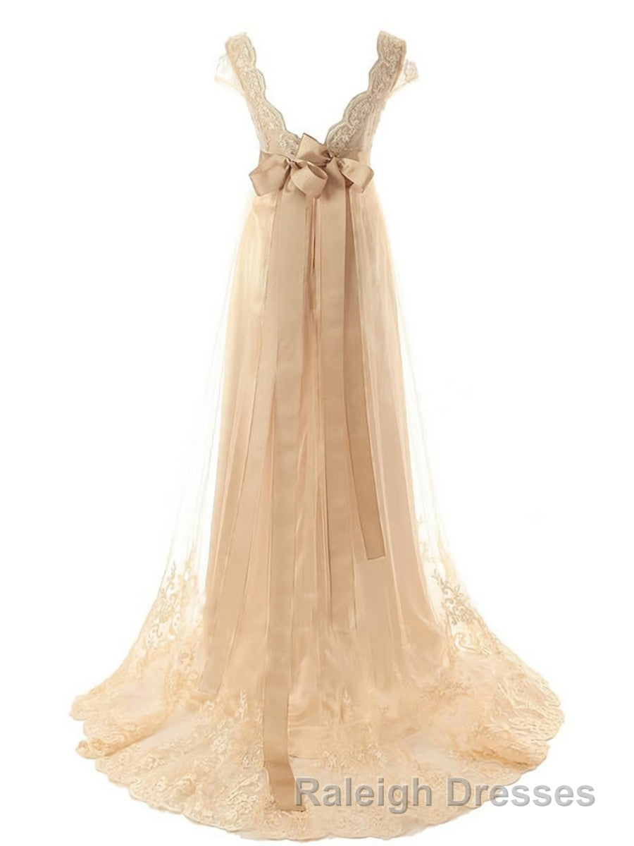 A-Line/Princess V-neck Sweep Train Tulle Wedding Dresses With Beading