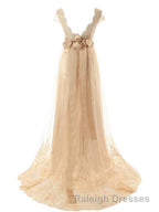 A Line V Neck Sweep Train Tulle Wedding Dress With Beading