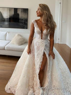A Line V Neck Sweep Train Tulle Wedding Dresses With Leg Slit