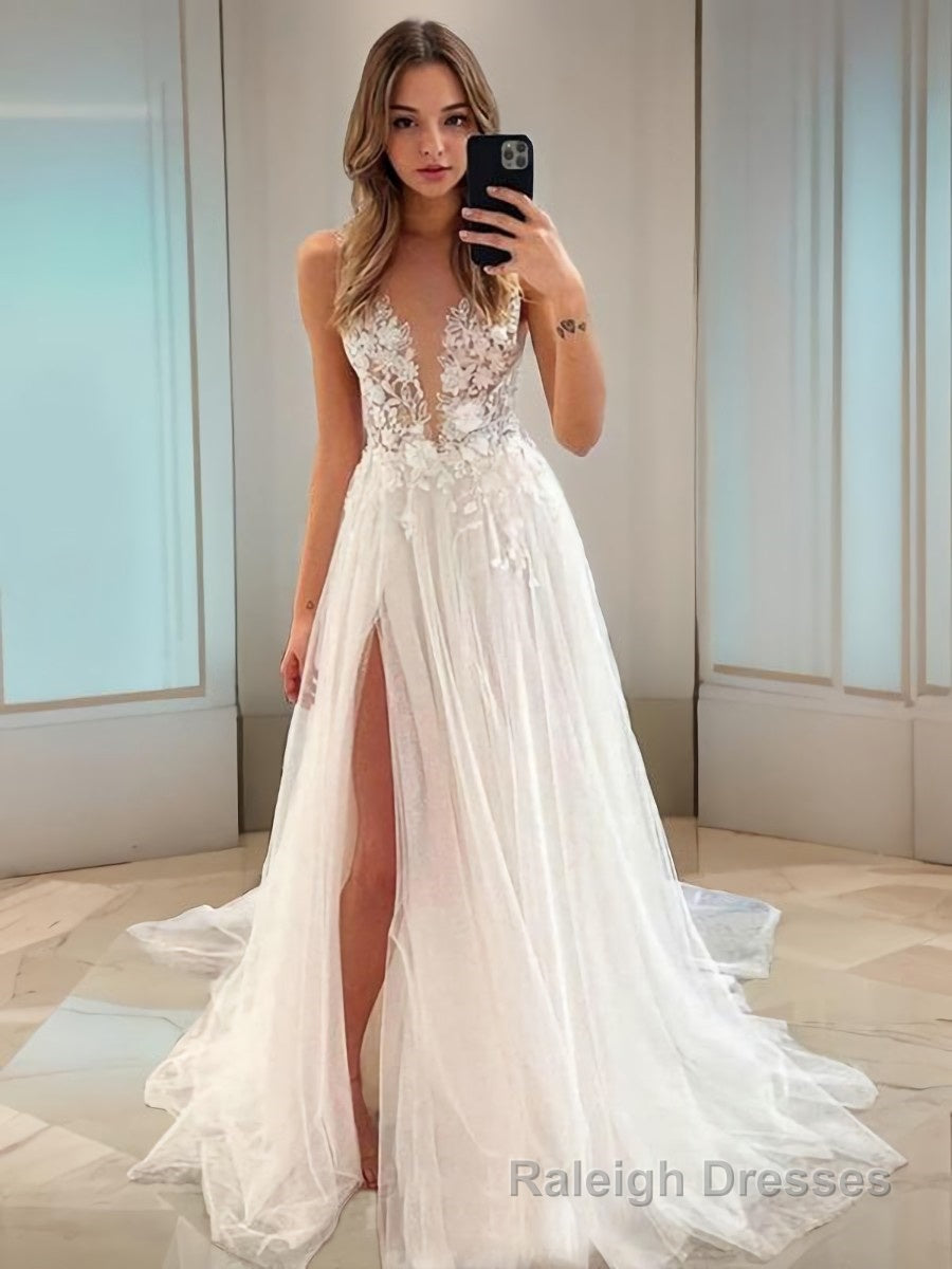A-Line/Princess V-neck Sweep Train Tulle Wedding Dresses With Leg Slit Main image