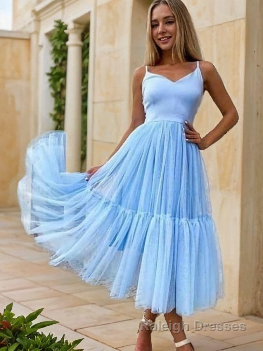 A Line V Neck Tea-Length Tulle Homecoming Dresses With Pleated Main image