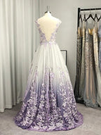 A-Line/Princess V-Neck Tulle Applique Sleeveless Floor-Length Prom Dresses
