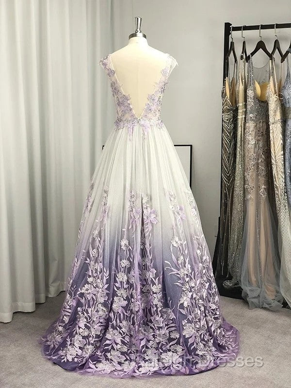 A-Line/Princess V-Neck Tulle Applique Sleeveless Floor-Length Prom Dresses