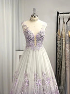 A-Line/Princess V-Neck Tulle Applique Sleeveless Floor-Length Prom Dresses