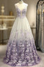 A-Line/Princess V-Neck Tulle Applique Sleeveless Floor-Length Prom Dresses
