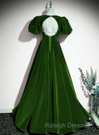 A-Line Princess Velvet Backless Ballgown Long Party Dress Short Sleeves Formal Dress Prom Dress