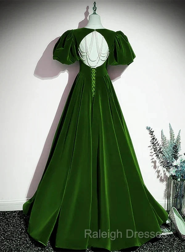 A-Line Princess Velvet Backless BallGown Long Prom Dresses Short Sleeves Prom Dresseses Secondary image