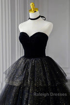 A-Line Prom Dresses Black Dress Dress Formal Birthday Floor Length Sleeveless Strapless Tulle With Ruched Sequin