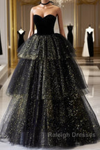 A-Line Prom Dresses Black Dress Dress Formal Birthday Floor Length Sleeveless Strapless Tulle With Ruched Sequin