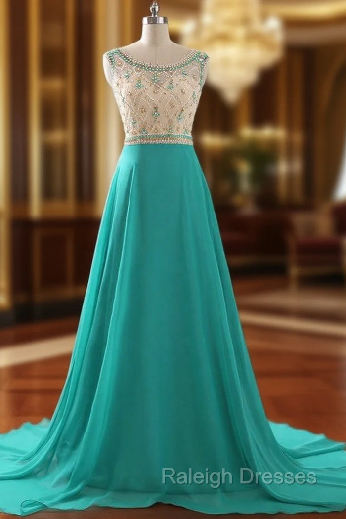 A Line Prom Dresses Chiffon Evening Dress Illusion Sparkly Beading Bodice Prom Dress Main image