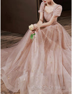 A-Line Prom Dresses Elegant Dress Engagement Prom Floor Length Half Sleeve Square Neck Satin With Appliques