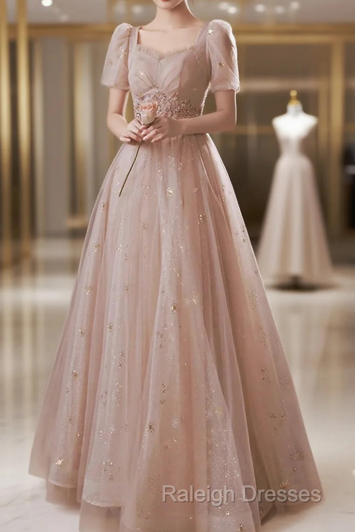 A-Line Prom Dresses Elegant Dress Engagement Prom Floor Length Half Sleeve Square Neck Satin With Appliques