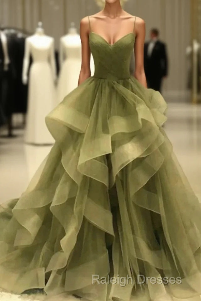 A-Line Prom Dresses Elegant Dress Formal Court Train Christmas Red Green Dress Sleeveless Spaghetti Strap Tulle With Pleats Ruffles Main image