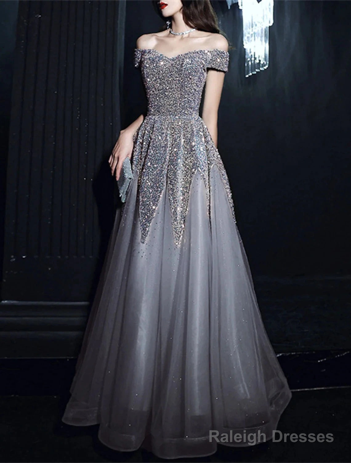 A-Line Prom Dress Elegant Dresses Prom Floor Length Short Sleeve Off Shoulder Polyester With Sequin Secondary image