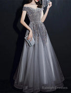 A-Line Prom Dress Elegant Dresses Prom Floor Length Short Sleeve Off Shoulder Polyester With Sequin