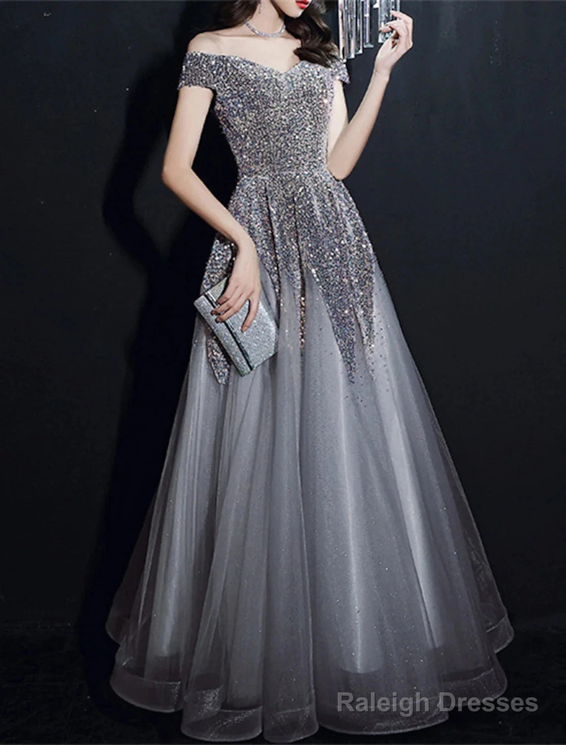 A-Line Prom Dress Elegant Dresses Prom Floor Length Short Sleeve Off Shoulder Polyester With Sequin